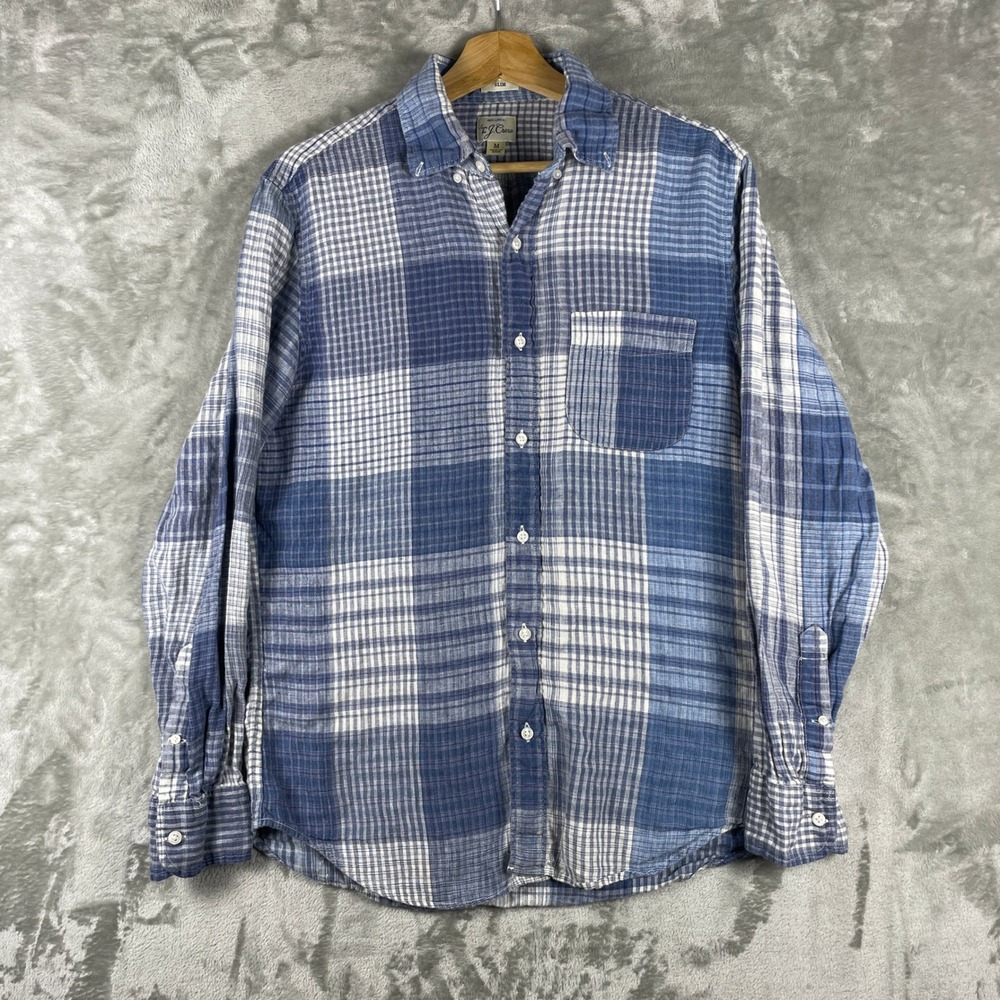 J. Crew Button Down Shirt Mens M Blue Plaid Slim Fit 100% Linen Long Sleeve